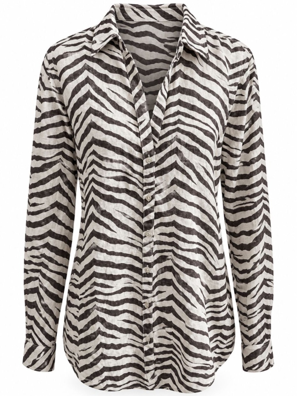 Tahari Chocolate Brown & White Zebra Print 100% Linen Button-Down Shirt | V-Neck